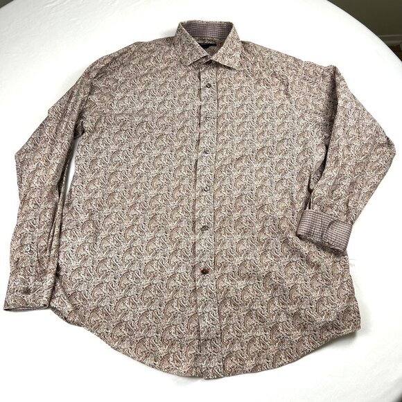 Cremieux Classics Mens Paisley Long Sleeve Button-Up Large Shirt Brown Flip Cuff - Picture 2 of 10